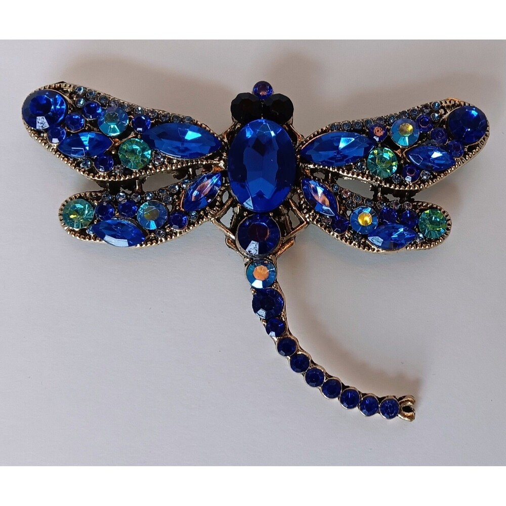 Large Blue & AB Rhinestone Crystal Dragonfly Brooch 4 in